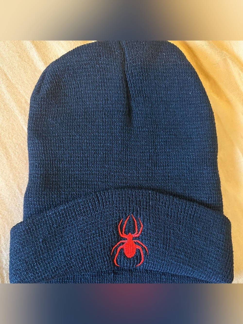 Black and red embroidered spider man beanie.